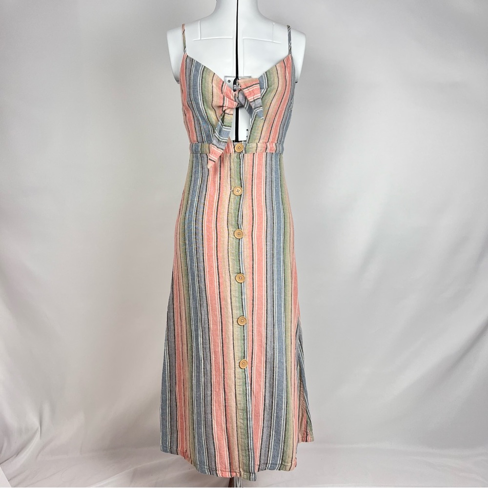 Indigo Rein Striped Linen Blend Button Down Midi Dress Size S